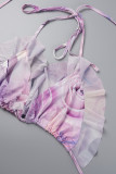 Purple Sexy Print Bandage Patchwork See-through Backless Swimsuit Three Piece Set