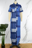 Blue Casual Print Patchwork Shirt Collar Long Dress Dresses