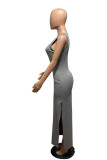 Fuchsia Casual Solid Patchwork Pocket Slit O Neck One Step Skirt Dresses
