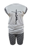 White Casual Print Basic O Neck Short Sleeve Two Pieces
