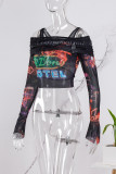 Black Casual Print Patchwork Off the Shoulder Tops
