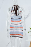 Blue Sexy Patchwork Hollowed Out Backless Halter Sleeveless Dress Dresses