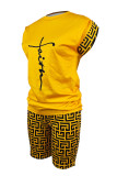 Yellow Casual Print Basic O Neck Short Sleeve Two Pieces