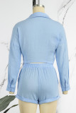 Blue Sexy Solid Patchwork Turndown Collar Long Sleeve Two Pieces