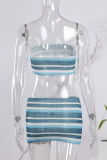 Blue Sexy Striped Print Backless Strapless Sleeveless Two Pieces