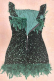 Red Sexy Solid Sequins Patchwork Feathers Backless Off the Shoulder Wrapped Skirt Dresses