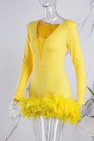 Red Sexy Casual Solid Patchwork Feathers V Neck Long Sleeve Romper