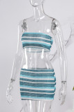 Blue Sexy Striped Print Backless Strapless Sleeveless Two Pieces