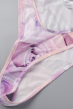 Purple Sexy Print Bandage Patchwork See-through Backless Swimsuit Three Piece Set