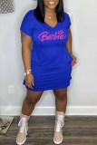 Blue Casual Print Letter V Neck A Line Dresses