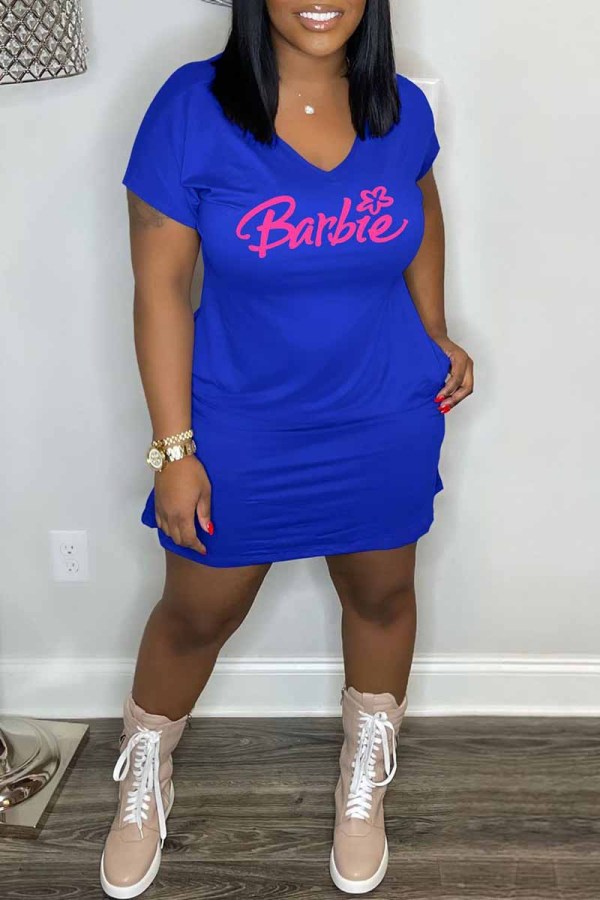 Blue Casual Print Letter V Neck A Line Dresses