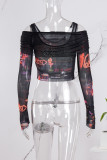 Black Casual Print Patchwork Off the Shoulder Tops