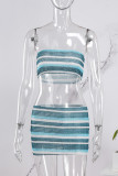 Blue Sexy Striped Print Backless Strapless Sleeveless Two Pieces