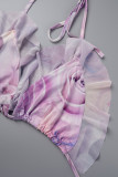 Purple Sexy Print Bandage Patchwork See-through Backless Swimsuit Three Piece Set