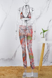 Colour Sexy Casual Print Bandage Backless Halter Sleeveless Two Pieces