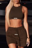 Coffee Casual Solid Basic O Neck Sleeveless Two Pieces