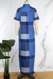 Blue Casual Print Patchwork Shirt Collar Long Dress Dresses