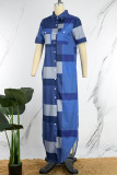Blue Casual Print Patchwork Shirt Collar Long Dress Dresses