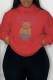 Red Casual Vintage Print Draw String Hooded Collar Tops