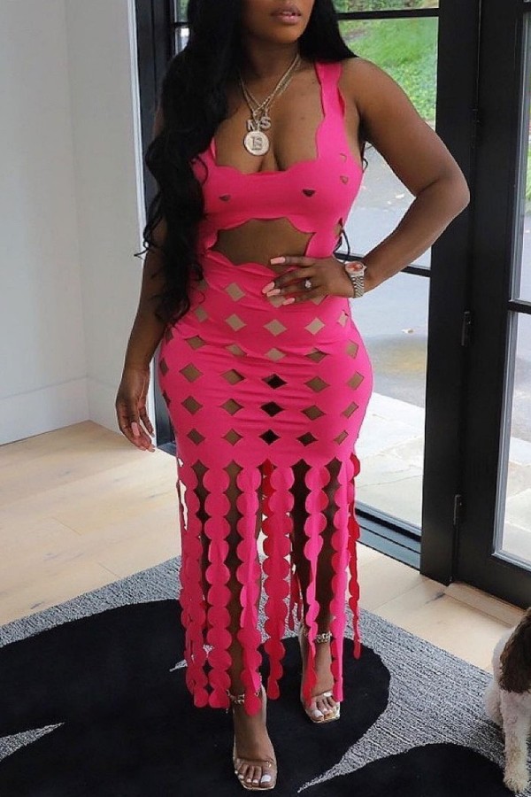 Rose Red Sexy Solid Hollowed Out See-through Backless U Neck Sleeveless Dress