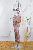 Colour Sexy Casual Print Bandage Backless Halter Sleeveless Two Pieces