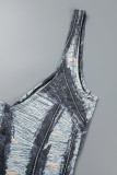 Grey Sexy Striped Ripped Patchwork Backless Spaghetti Strap One Step Skirt Dresses