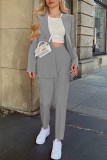Grey Casual Solid Cardigan Pants Turn-back Collar Long Sleeve Two Pieces