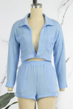 Blue Sexy Solid Patchwork Turndown Collar Long Sleeve Two Pieces