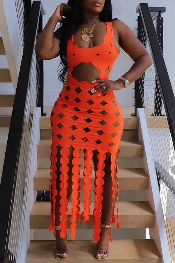 Orange Sexy Solid Hollowed Out See-through Backless U Neck Sleeveless Dress
