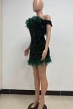 Red Sexy Solid Sequins Patchwork Feathers Backless Off the Shoulder Wrapped Skirt Dresses