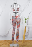 Colour Sexy Casual Print Bandage Backless Halter Sleeveless Two Pieces