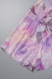 Purple Sexy Print Bandage Patchwork See-through Backless Swimsuit Three Piece Set
