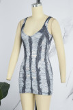 Grey Sexy Striped Ripped Patchwork Backless Spaghetti Strap One Step Skirt Dresses
