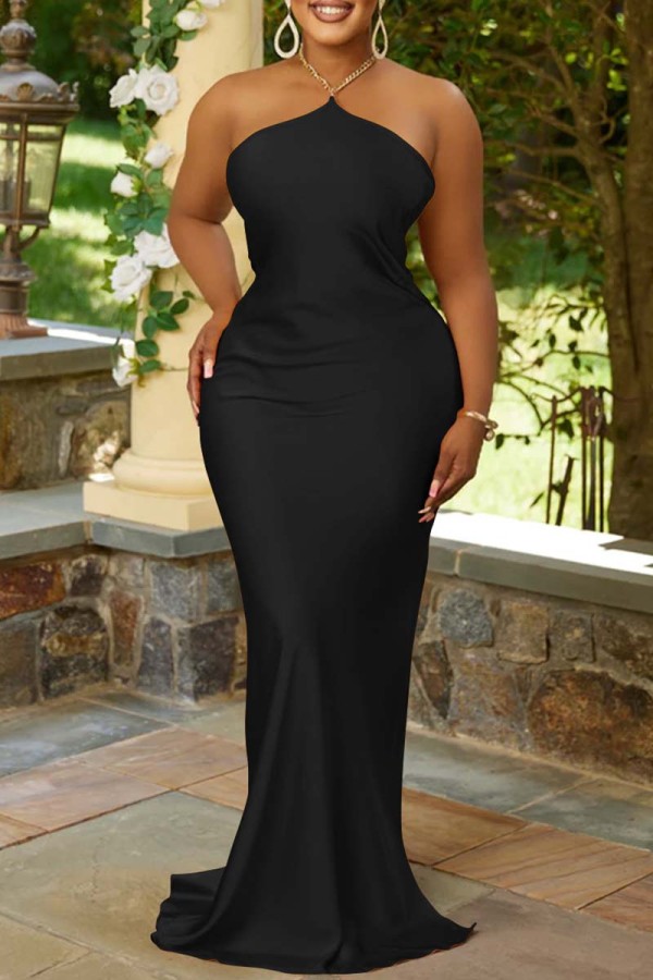 Black Sexy Solid Metal Accessories Decoration Backless Halter Long Dress Dresses