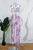 Purple Sexy Print Bandage Patchwork See-through Backless Swimsuit Three Piece Set
