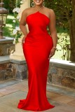 Red Sexy Solid Metal Accessories Decoration Backless Halter Long Dress Dresses