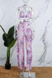 Purple Sexy Print Bandage Patchwork See-through Backless Swimsuit Three Piece Set