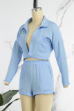 Blue Sexy Solid Patchwork Turndown Collar Long Sleeve Two Pieces