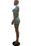 Green Casual Street Print Patchwork Turndown Collar Short Sleeve Two Pieces
