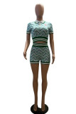 Green Casual Street Print Patchwork Turndown Collar Short Sleeve Two Pieces