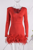 Red Sexy Casual Solid Patchwork Feathers V Neck Long Sleeve Romper