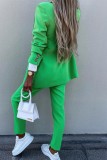 Green Casual Solid Cardigan Pants Turn-back Collar Long Sleeve Two Pieces