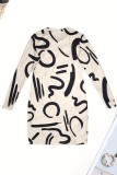 Cream White Casual Print Basic O Neck Long Sleeve Dresses