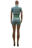 Green Casual Street Print Patchwork Turndown Collar Short Sleeve Two Pieces