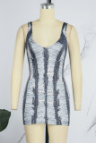 Grey Sexy Striped Ripped Patchwork Backless Spaghetti Strap One Step Skirt Dresses