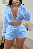 Blue Sexy Solid Patchwork Turndown Collar Long Sleeve Two Pieces