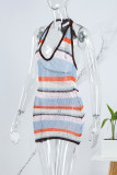 Blue Sexy Patchwork Hollowed Out Backless Halter Sleeveless Dress Dresses