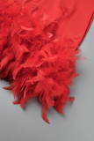 Red Sexy Casual Solid Patchwork Feathers V Neck Long Sleeve Romper
