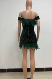 Red Sexy Solid Sequins Patchwork Feathers Backless Off the Shoulder Wrapped Skirt Dresses