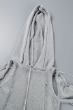 Grey Sexy Solid Ripped Hooded Collar Long Sleeve Two Pieces